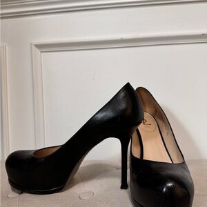 Yves Saint Laurent, black leather stilettos